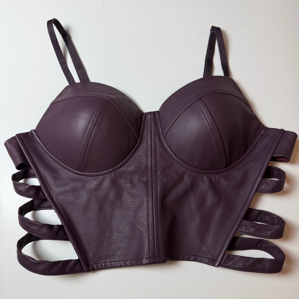Faux Leather Longline Bustier Bra in Deep Plum